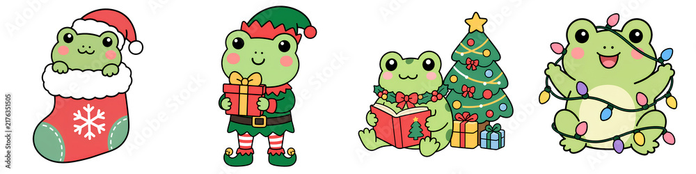 Fototapeta premium Cute frog christmas frog kawaii frog frog stocking frog elf frog reading christmas tree holiday lights joyful cute frog christmas frog kawaii frog