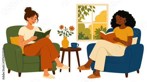 Two Women Sitting in Armchairs Reading Books Together, Cozy Living Room Scene with Tea Cup on Side Table, Warm Late Summer Light, Flat Vector Illustration - professional