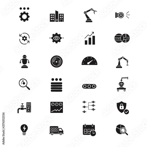 Industrial automation smart factory and robotics solid glyph icons set for app UI design