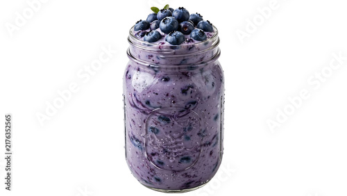 Healthy blueberry yogurt drink in a glass jar with fresh blueberries isolated on white background