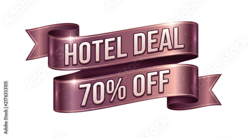 Two overlapping glossy metallic pink 3D banners with embossed HOTEL DEAL and 70% OFF text, starry texture, curved ends, promotional design on transparent background featuring ribbon and shiny