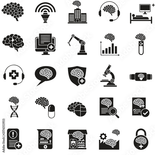 Artificial intelligence healthcare and brain technology solid glyph icons set for app UI design