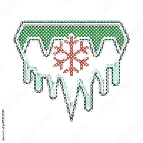 Cross stitch art of a snowflake design with icy edges