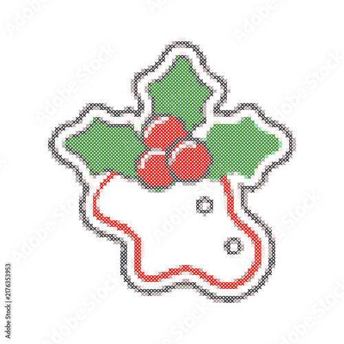 Colorful holly leaves and berries in cross stitch art