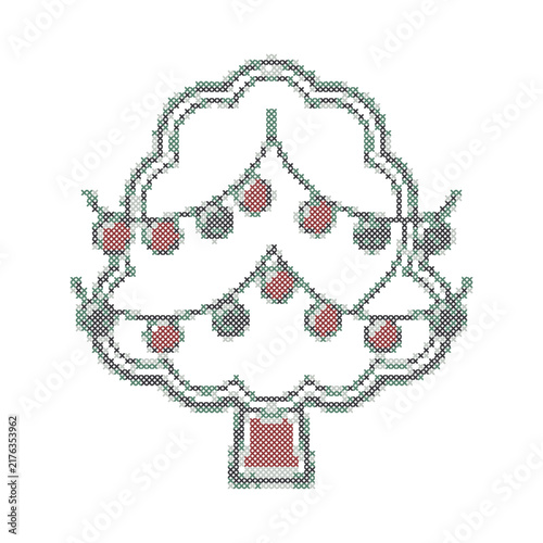 Colorful cross stitch art of a Christmas tree with ornaments