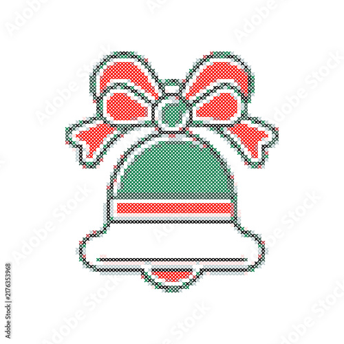 Colorful decorative bell with bow in cross stitch style