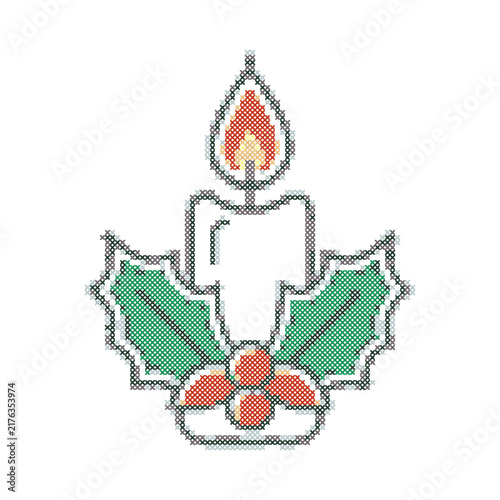 Cross stitch candle with holly and berries design