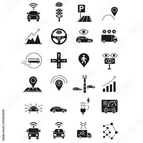 Smart autonomous vehicle and smart traffic management solid glyph icons set for app UI design