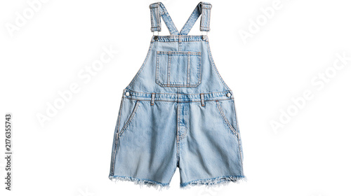 Foto Light blue denim overall shorts with metal buckles and frayed raw hem edges