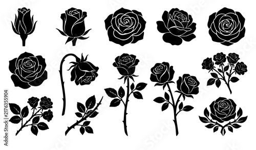 Romantic Rose Black Silhouette Icons Different Blooms and Buds Vector Set