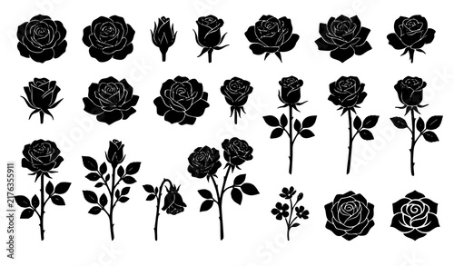 Rose Floral Silhouette Vector Collection Romantic Flowers Buds and Branches