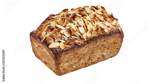 Fotografie Freshly baked rectangular loaf of whole grain bread topped with sliced almonds