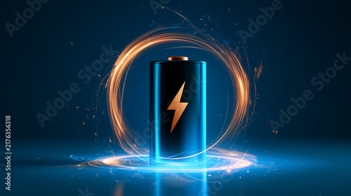 Glowing battery surrounded by circular energy trails and a lightning symbol, representing charging, energy storage, electric power and advanced battery technology.