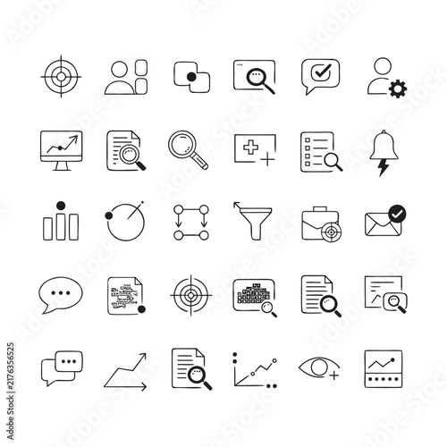 Business and SEO analytics thin line icons set for web design and app UI