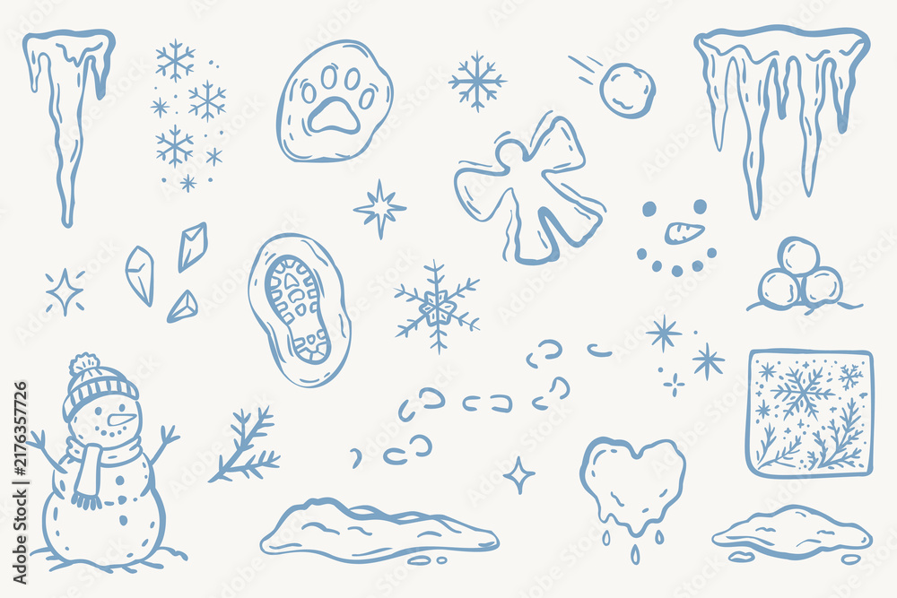 Obraz premium Hand drawn winter doodle set with snowman, snowflake, icicle, snowball, footprint and frozen nature elements in blue outline style