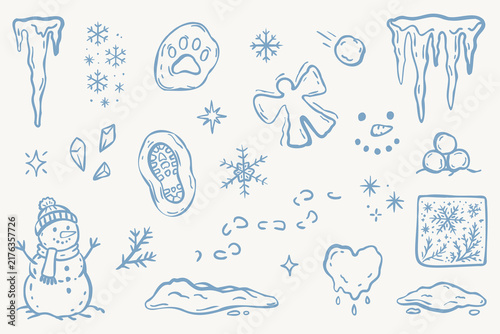 Hand drawn winter doodle set with snowman, snowflake, icicle, snowball, footprint and frozen nature elements in blue outline style