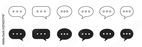 Chat message, speech bubble, comment, and dialog icon set in outline and filled styles for communication, UI, app, and digital interface design.