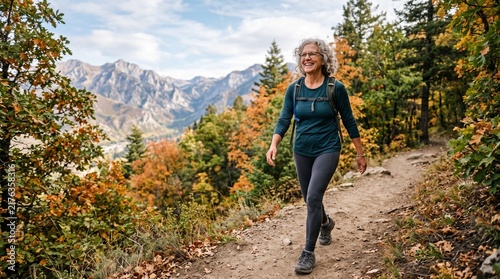 Happy senior woman hiking on a scenic mountain trail during autumn with colorful foliage and majestic peaks in the background