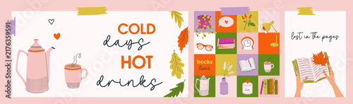 Cute book theme cards set. Cozy reading nook with decorative elements and inspiring quotes. Collection of book-related cards and pattern with autumn mood. Hand drawn flat design vector illustrations
