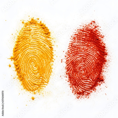 Spice Powder Fingerprints with Turmeric and Paprika on White