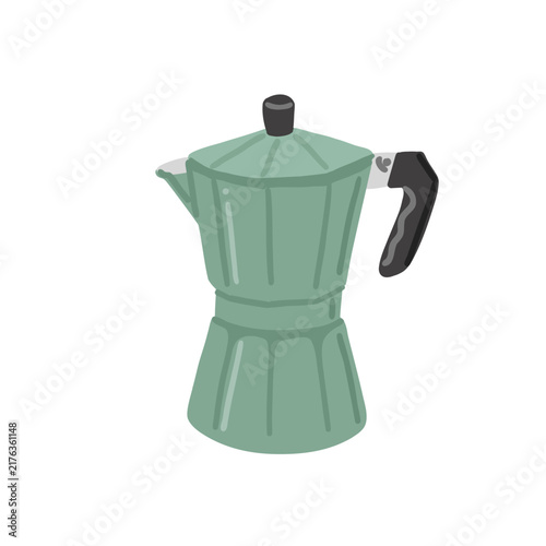 Sage green moka pot. Geyser coffee maker for camping, coffee shop, home. Outdoor adventure or coffee lover concept. Cozy vibe. Isolated flat vector clipart for cafe menu, stickers, branding