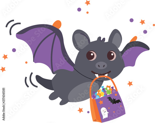 Cute Halloween bat carrying candy bag, playful cartoon vector illustration, festive seasonal design for greeting cards