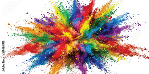 Explosive colorful powder cloud featuring vivid pigments, dynamic motion and a clean white background.
