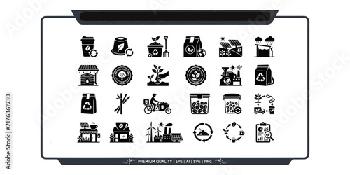 Eco friendly coffee production and sustainable recycling vector icon set featuring coffee cups, biodegradable packaging, plant growth, solar power, delivery, and factory processing in solid glyph 