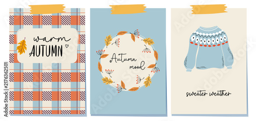 Autumn vibes greeting cards. Geometric cozy pattern, seasonal plants wreath, knitted sweater. Set of cute colorful Fall posters or banners. Flat design vintage vector illustrations.

