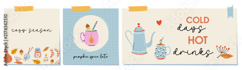 Cute cozy Autumn themed card set. Fall prints with essential autumn elements. Hygge time and warm season concept. Hand drawn vector illustrations for menu design.
