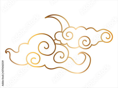 Tibetan sky. Smoke. Golden Asian cloud with moon, sun and stars. Japanese Korean Chinese cloud style. Asian traditional ornaments. Vector illustration