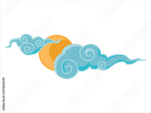 Tibetan sky. Blue Asian cloud with moon, sun and stars. Japanese Korean Chinese cloud style. Asian traditional ornaments. Vector illustration