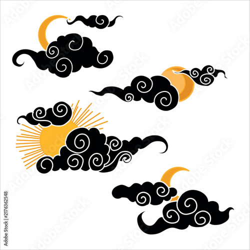 Tibetan sky. Smoke. Set Black Asian cloud with moon, sun and stars. Japanese Korean Chinese cloud style. Asian traditional ornaments. Vector illustration