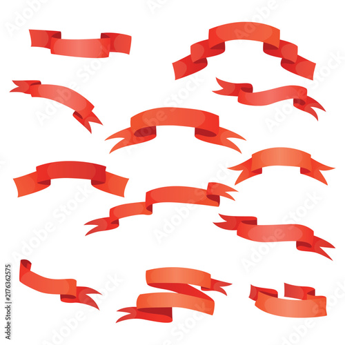 Set of red ribbons for decoration. Classic. Bow, award. Strip of fabric. Silk. Stamp. Place for inscription. Vector illustration on a white background.