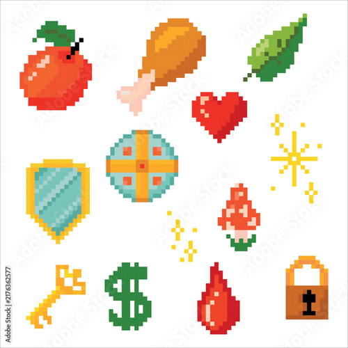 Set of objects. Pixel art. Game elements. Environment for Retro 8 bit icons for old school platformer video game. Vector illustration isolated on white background.