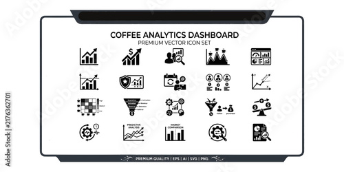 Coffee analytics dashboard premium vector icon set featuring business growth charts, financial statistics, data analysis, sales funnels, and marketing metrics in solid glyph style