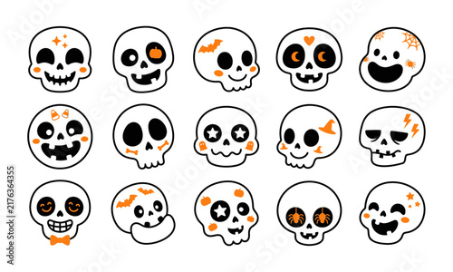 Set of cute cartoon skulls with various halloween themed decorations on white background vector
