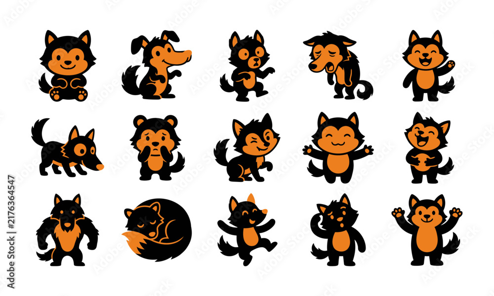 Obraz premium Set of cute cartoon wolf characters showing various emotions and actions in flat style