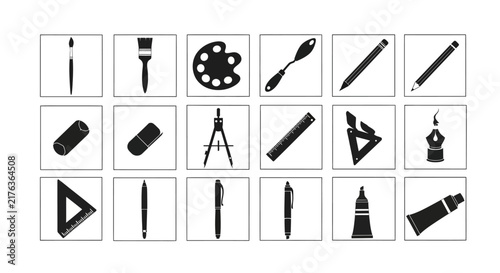 Canvas Print Drawing tools icons with include brushes pencils