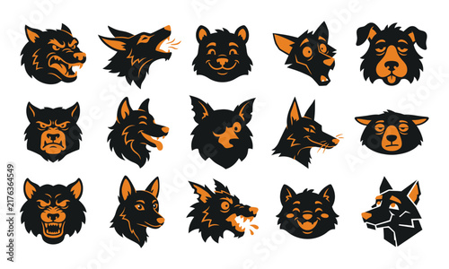Set of various dog head icons showing different emotions and expressions in vector style