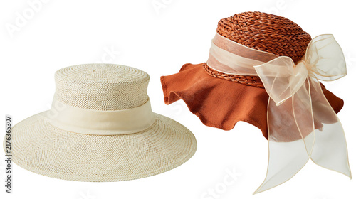 Fotografía Beige woven straw hat and brown sun hat with a large sheer organza ribbon bow