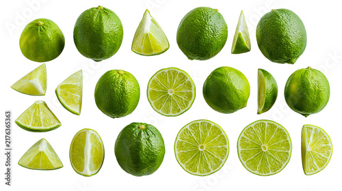 Foto Fresh whole limes and sliced lime wedges with citrus segments