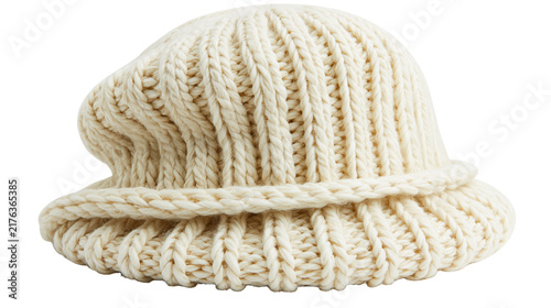 Foto Cream white chunky knit wool beanie hat with ribbed texture