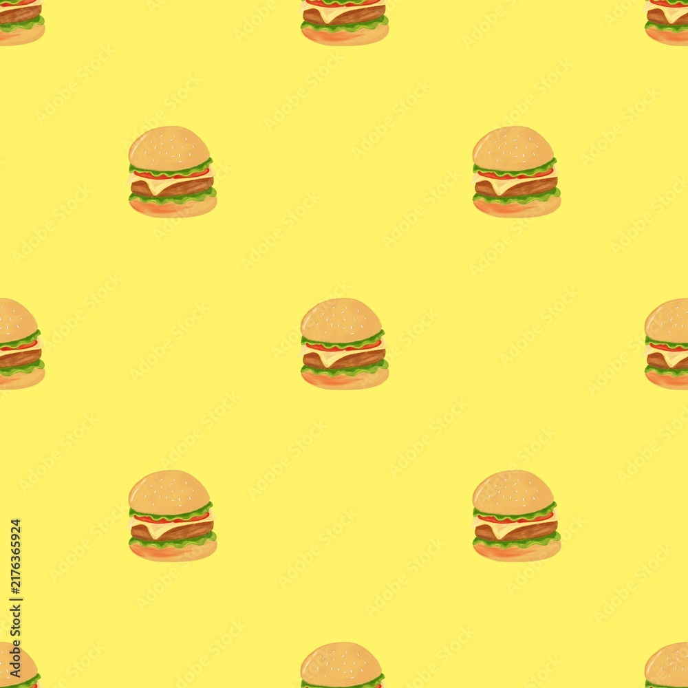 Fototapeta premium Hand Drawn Burger Seamless Pattern on Butter Yellow Background
