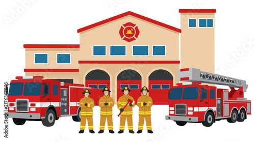 Professional firefighters in yellow uniforms standing proudly in front of modern fire station building with red fire trucks emergency vehicles fire department team public safety protection