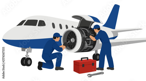 Two aviation maintenance workers in blue overalls inspecting and repairing the exposed jet engine of a white and blue passenger airplane with open cowling and red toolbox vector illustration
