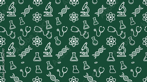 Seamless Science Pattern with Microscopes DNA Helix Beakers Atom Symbols and Stethoscopes White Line Art on Dark Green Chalkboard Background Medical Laboratory Icons - detailed commercial stock