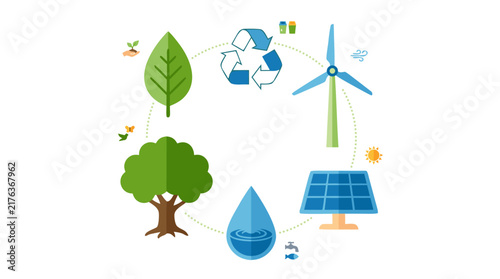 Ecology Infographic with Green Leaf Recycling Symbol Wind Turbine Solar Panel Water Droplet Tree Sustainable Energy Environment Concept Vector Illustration - detailed commercial stock imagery with