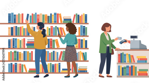 Three diverse women shopping for colorful books in a bright modern bookstore, two browsing shelves while one pays with card at the counter, flat vector illustration of retail customer service and