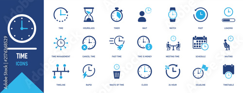 Time Icon Set, Clock, Timer, Schedule, Deadline, Time Management and Business Planning Symbols